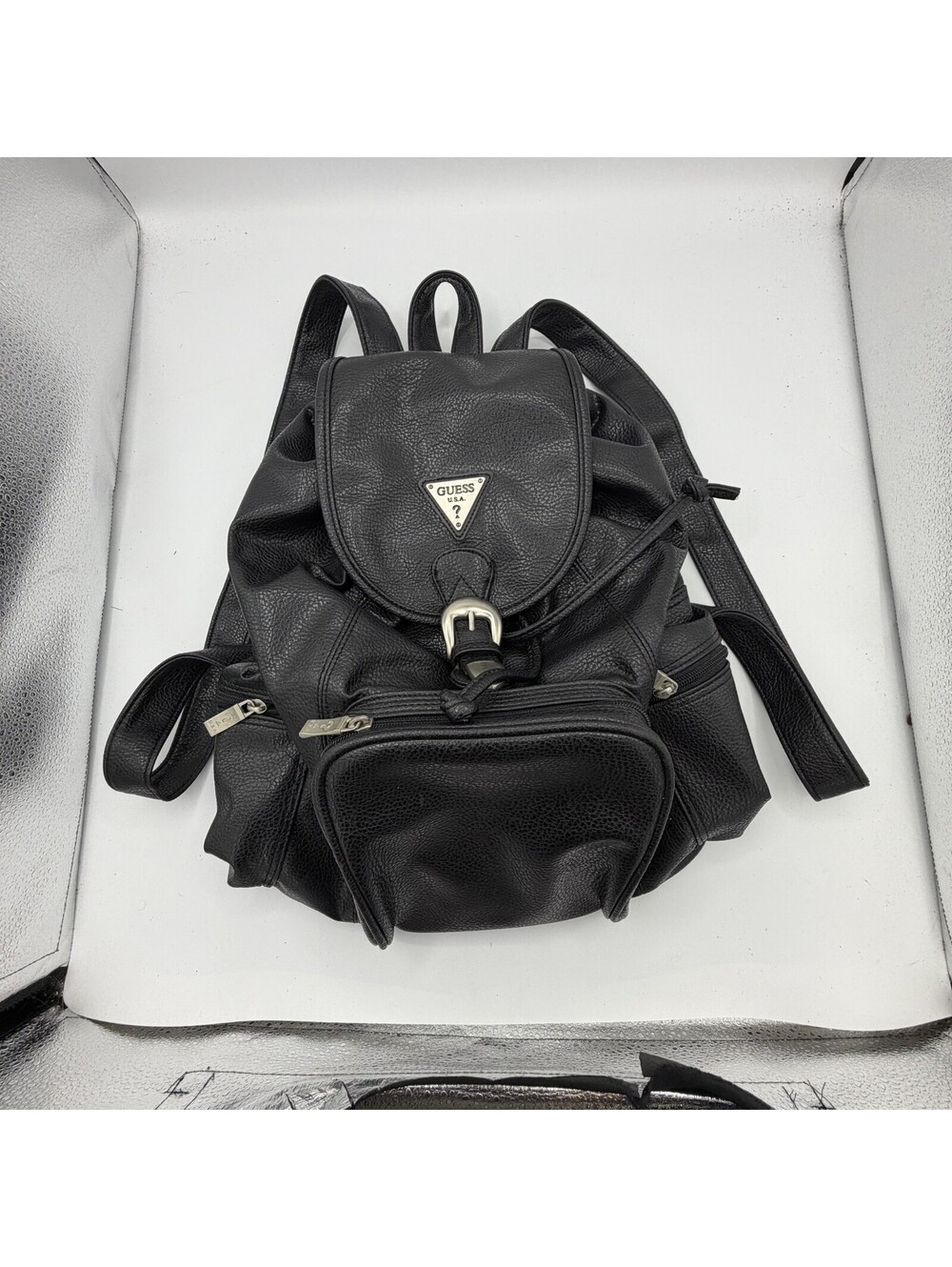 Vintage 90s GUESS Drawstring Backpack Black Leather